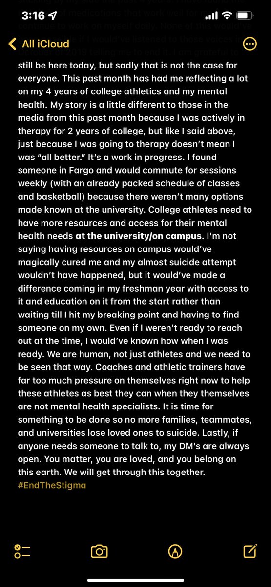 annie_swenson's tweet image. The NCAA, NAIA, Juco’s, and all other collegiate athletes need more mental health resources. I am one out of the millions of current/former athletes who struggle/struggled in college athletics with mental health. It’s time to make a change. #EndTheStigma