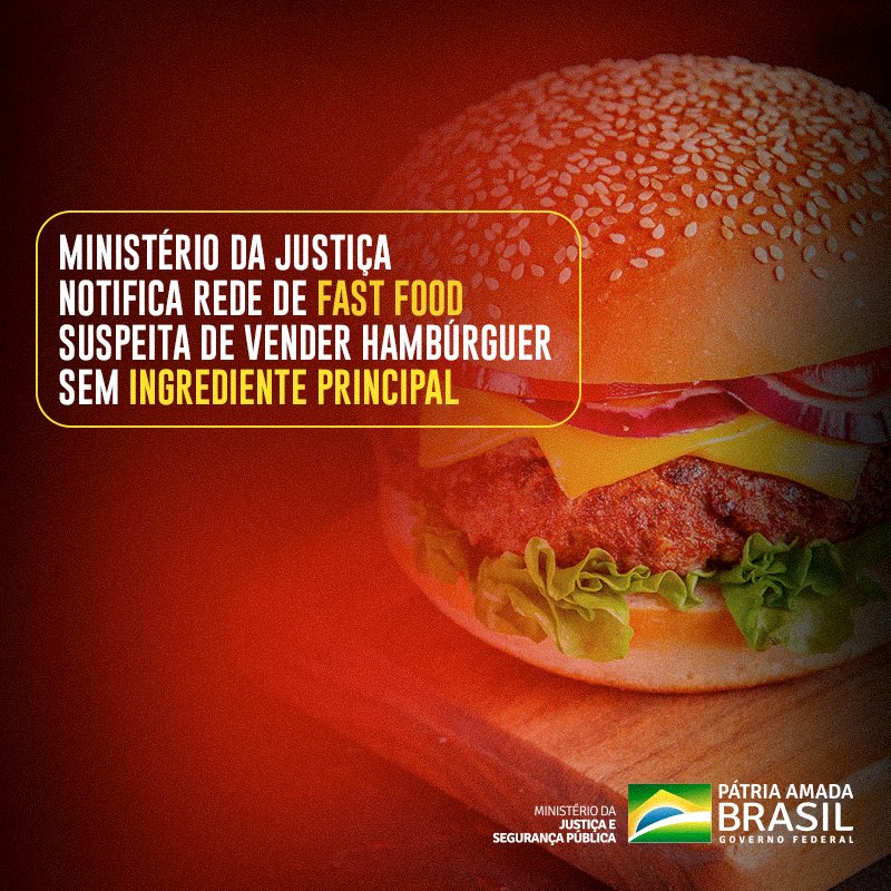 O #MJSP, por meio da Secretaria Nacional do Consumidor (SENACON), notificou empresa de fast food após consumidores reclamarem que o produto não tem o ingrediente conforme anunciado. A empresa tem o prazo de 10 dias para enviar esclarecimentos. ▶️ bit.ly/37Slyvt