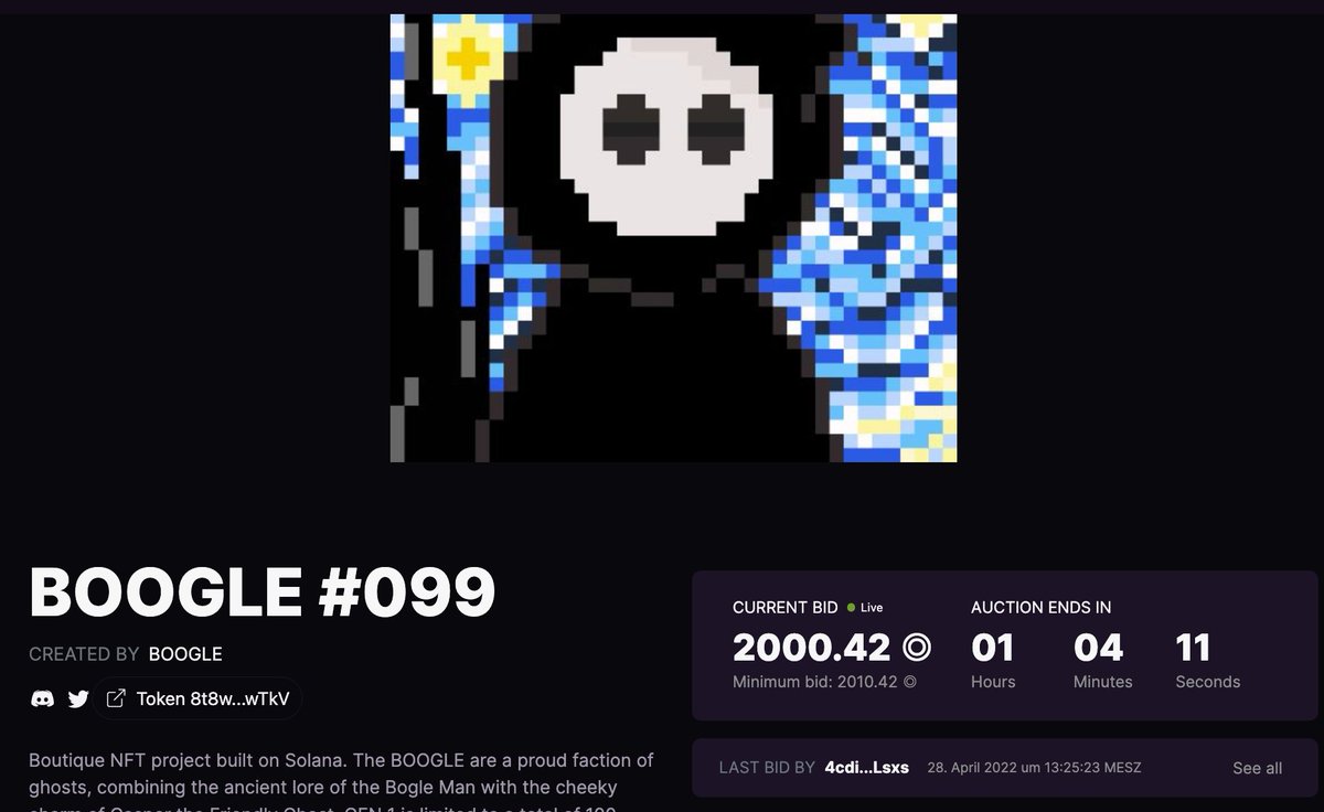 ZER0_Mono's tweet image. Highest bid for #BOOGLE #099 on @MagicEden is 2000.42 SOL. 1 Hour left - LFG 🔥👻🙏

#NFT #NFTauction #SolanaNFTs