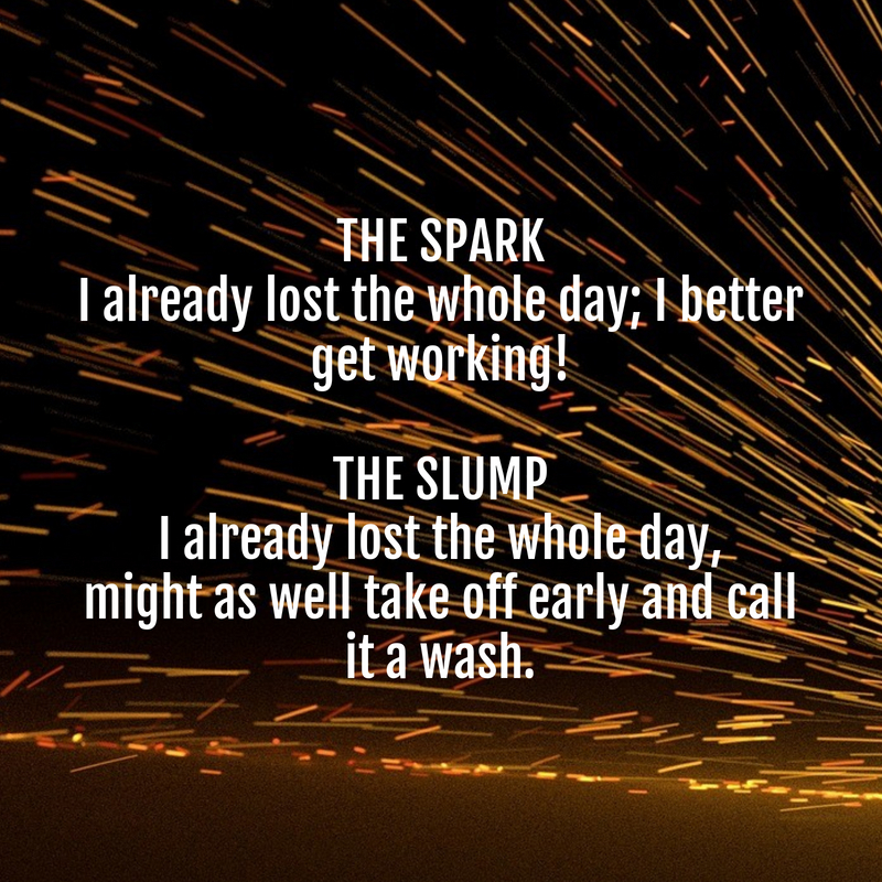 AlanSteinJr's tweet photo. Picture a workday where you haven’t been productive. Too much distraction, too much busywork, not enough focus. You look up and it’s already 3:30 p.m. At this moment, there are two widely different responses.

Are you "The Spark" or "The Slump"? https://t.co/HRieQIMAoC