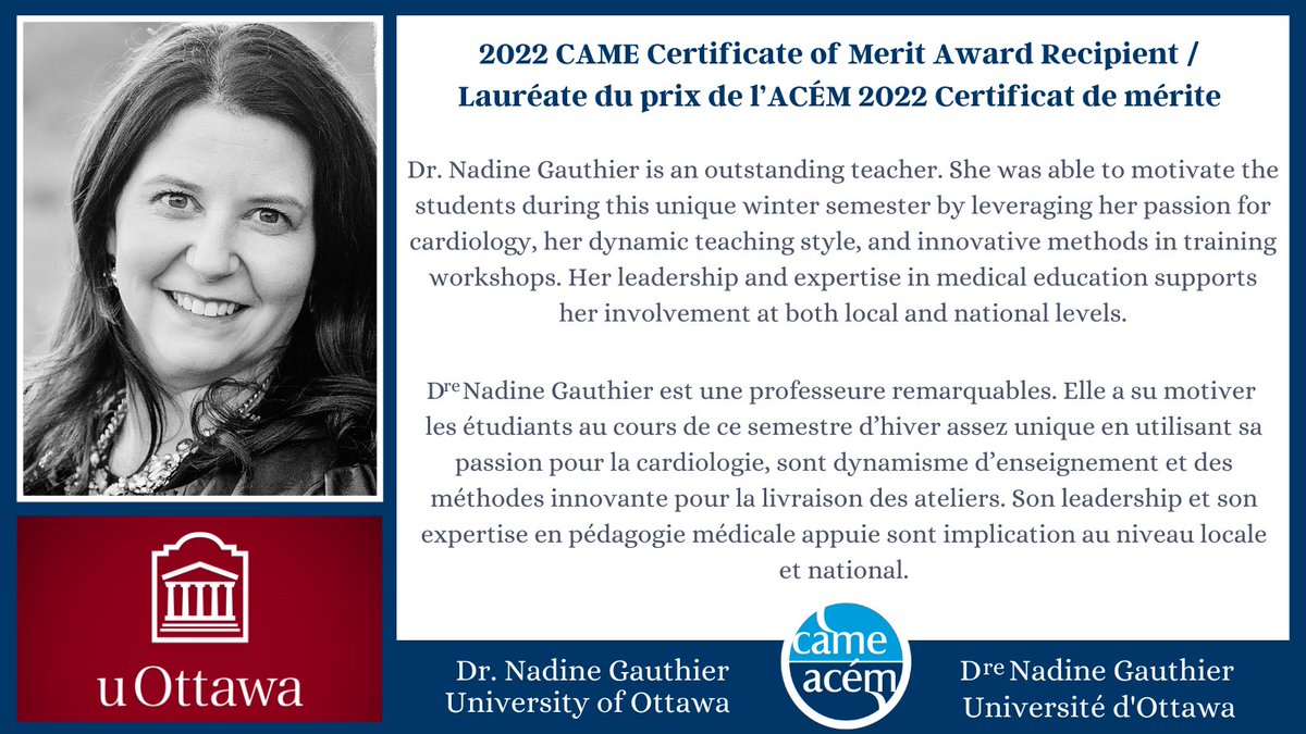 cameacem's tweet photo. Congratulations to Dr Nadine Gauthier, one of the CAME Certificate of Merit Award Winners from the University of Ottawa! / Félicitations à la Dre Nadine Gauthier, l’une des lauréats du Certificat de mérite de l’ACÉM de l’Université d’Ottawa! #MedEd #EdMed #COM202 #CDM2022 https://t.co/8pUACArtm8