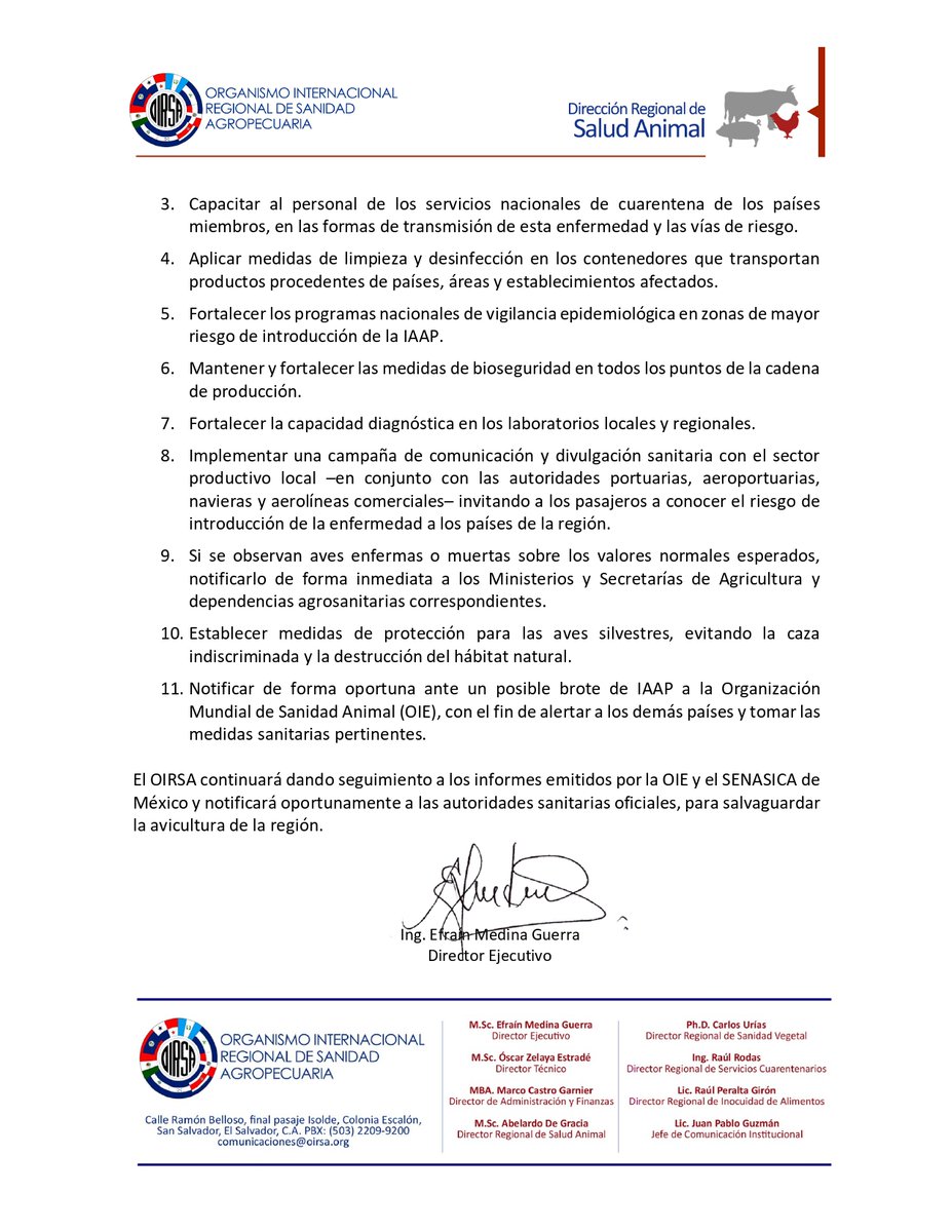 OIRSAoficial's tweet photo. OIRSA emite 2ª alerta regional ante riesgo de ingreso de la influenza aviar de alta patogenicidad (IAAP) 🐓 a  países de la región 🇲🇽🇧🇿🇬🇹🇸🇻🇭🇳🇳🇮🇨🇷🇵🇦🇩🇴 por notificación de presencia de influenza aviar H7N3 en  municipio General Cepeda, Coahuila 🇲🇽 https://t.co/E2XVJo4b7V
