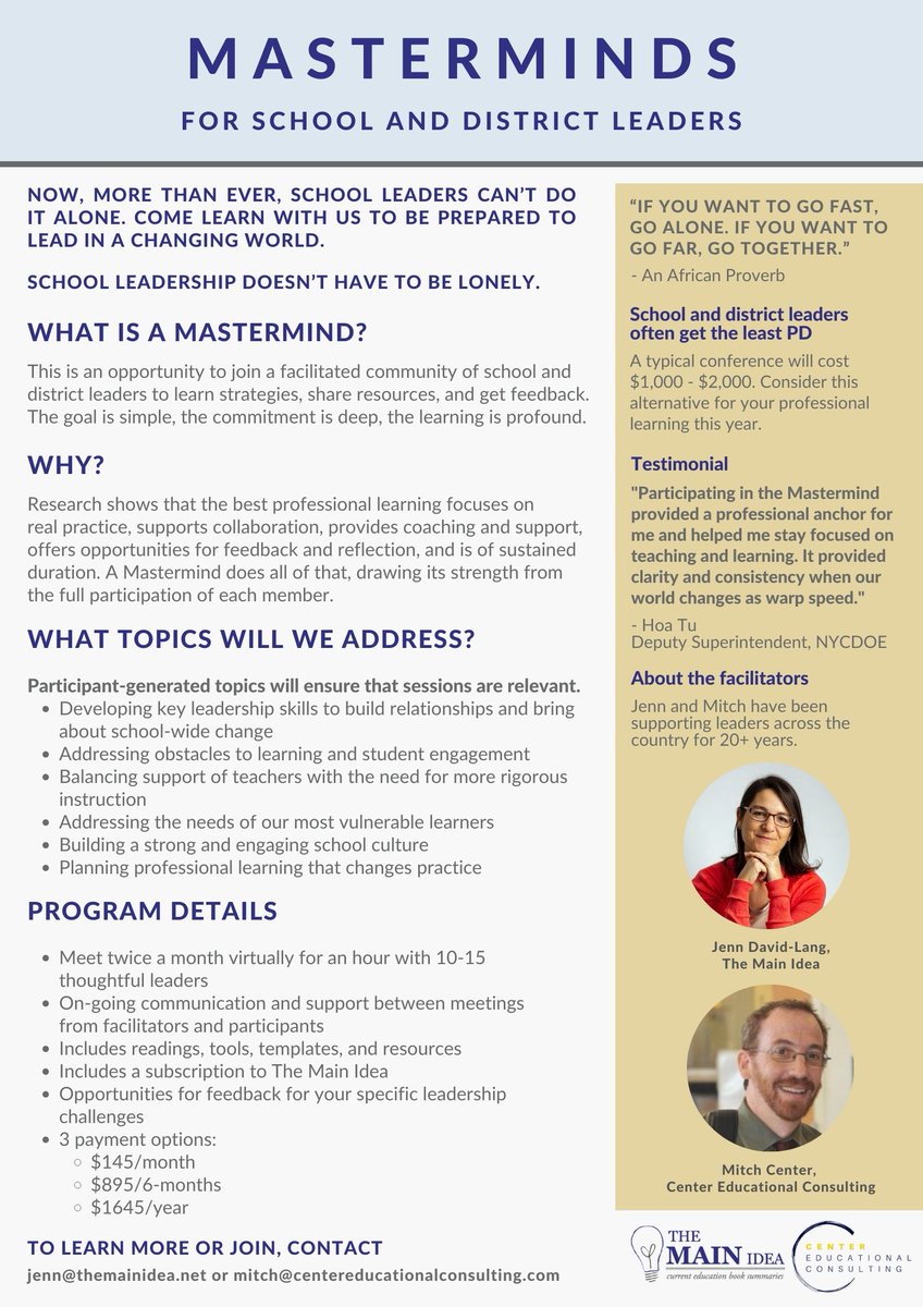 The_MainIdea's tweet photo. Get some regular support and professional learning from our #SchoolMastermind groups!
These small groups of leaders from across the country meet online for 1 hour every other week for learning, resources, feedback, & support.
Learn more or apply: https://t.co/qwV3QLrWe4 https://t.co/LJWNJC5aLh