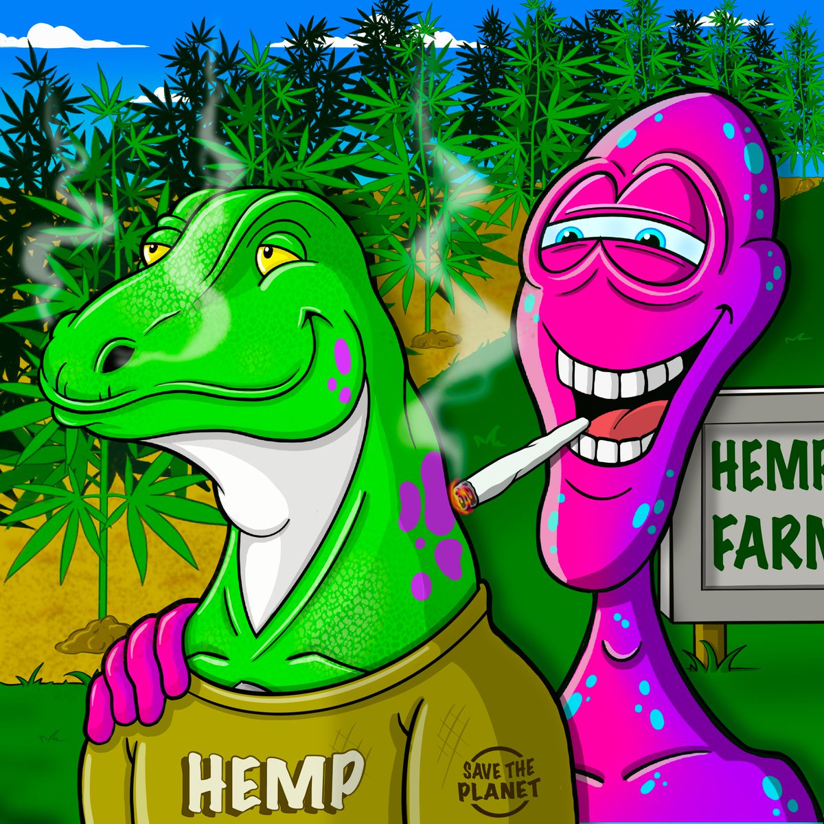 NFTSandMan's tweet photo. Incognito Aliens and Al Goanna team up to save the planet with the power of Hemp. :)  
 This piece is No.1 of the IAC Collabs and will be up for auction this weekend.  Details coming soon.
#algonfts #algonft #hemp #stonerfam https://t.co/aL4QG7agWp