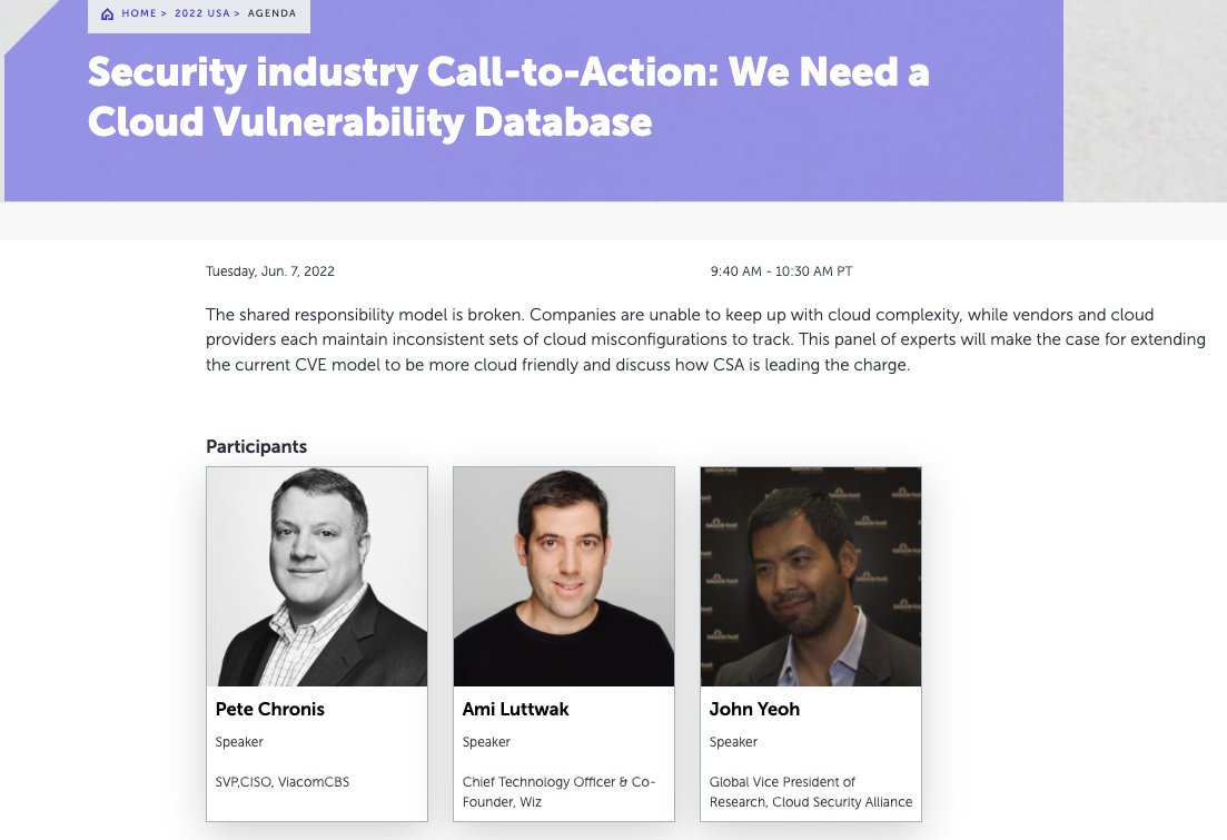 wiz_io's tweet image. With the release of today's #ExtraReplica Azure vulnerability, and its lack of CVE, we'd be remiss if we didn't mention that @amiluttwak, @chronis and @YoTheShow will be at #RSAC to discuss why the industry needs a CVE-like database for cloud rsaconference.com/usa/agenda/ses… #nottooearly