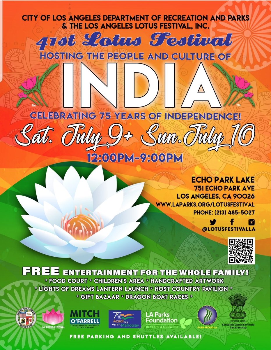 lotusfestivalla's tweet image. Save the date! We are excited to announce that our 41st Lotus Festival will be in person. Celebrating the people &amp;amp; culture of beautiful India. 

Dates &amp;amp; Times: July 9th &amp;amp; 10th, 12PM to 9PM

#free #LotusFestivalLA #41stLotusFestival #LAParks #ParkProudLA #India @LACityParks
