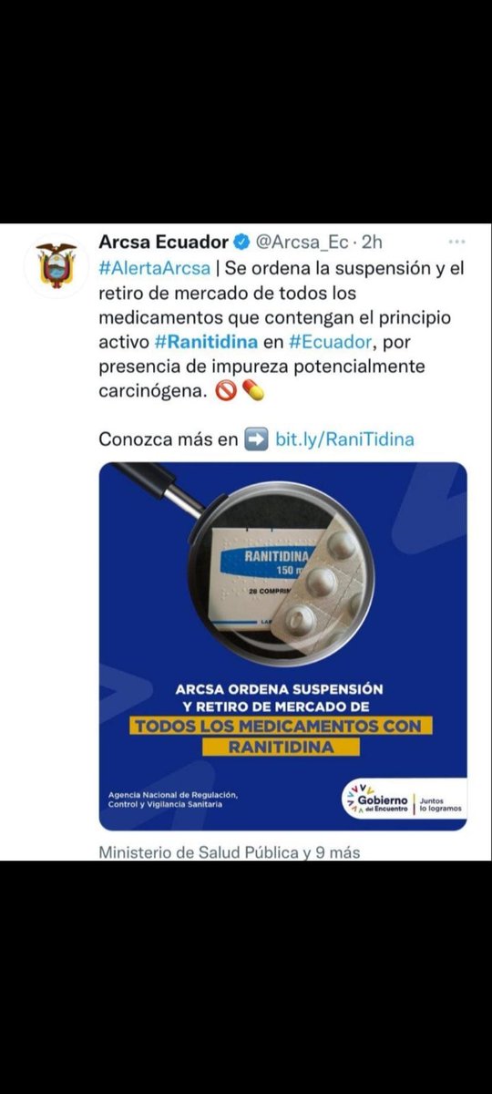 Se ordena suspender medicamentos con #ranitidina por presencia de impureza potencialmente carcinógena.