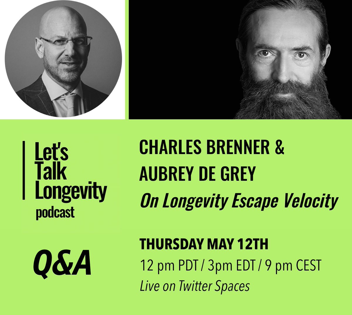 LauraMinquini's tweet photo. 📣 Let’s Talk Longevity 

Are we near Longevity Escape Velocity? Live Q&amp;A 

Guests: @CharlesMBrenner &amp; @aubreydegrey 

📅 12th May 12 pm PDT / 3pm ET
👉 Get notification of episode release https://t.co/ARptyEEguy

🔔 Set a reminder👇
https://t.co/HmCuI0UzKI https://t.co/fomRLfcADC