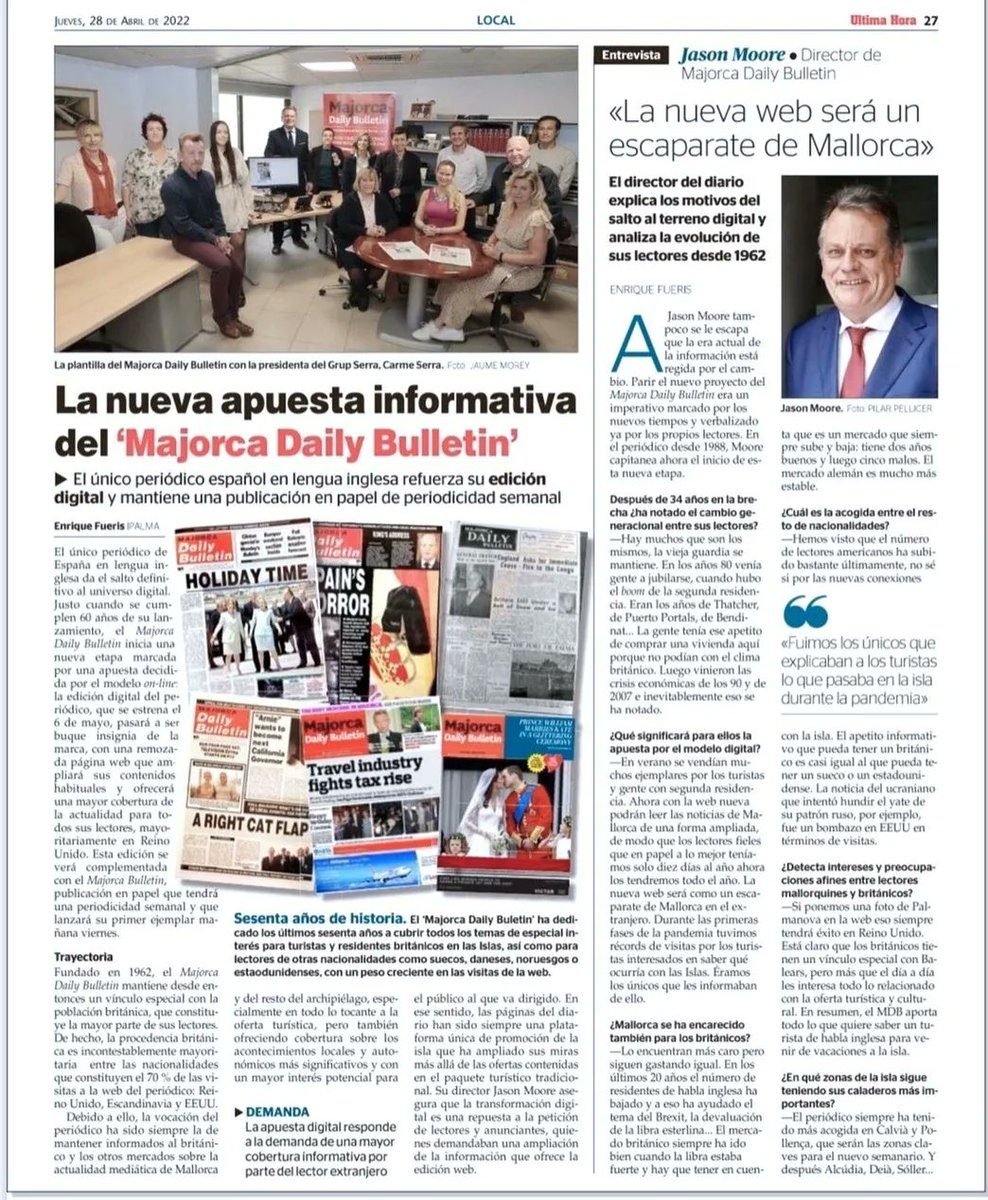 ElblogdeAmanda's tweet photo. ¡El emocionante inicio de una nueva etapa para el @majorcadaily ! En el diario @uhmallorca de hoy el nuevo proyecto multimedia… ¡Online e impreso!
#mallorcabulletin
#mallorca
#themallorcablog
#vipmallorca
#mallorcaisnotmagaluf
#magalufisnotpuntaballena https://t.co/ymfgJqOt0N