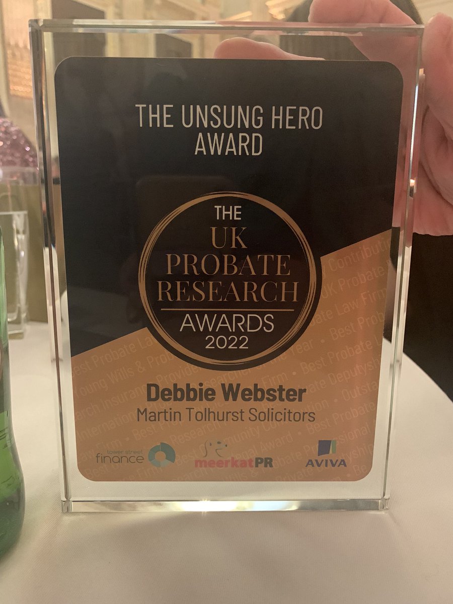 MartinTolhurst1's tweet photo. And the ‘Unsung Hero Award’ at tonight’s @AwardsProbate 
goes to…Debbie Webster! 🏆Congratulations Debbie, an asset to our Private Client Team and so well deserved! Woop go Debs!!! 🤩
#Probies #PRA2022 #TeamTolhurst #PrivateClient #ProbateSolicitors https://t.co/DrXLv0cgsQ