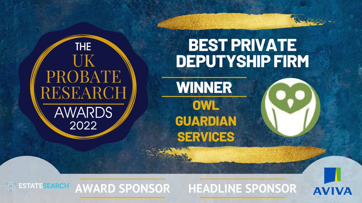 AwardsProbate's tweet photo. Woohoo! Congrats to Owl Guardian Services for winning Best Private Deputyship ! ๐๏ธ#TheProbies #PRA2022 https://t.co/n6vFaTzjGh