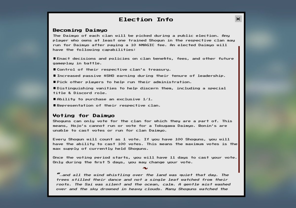 🔥 The voting to pick your clans Daimyo is now open!!

🗳️ Vote now: shogun.lol/townhall