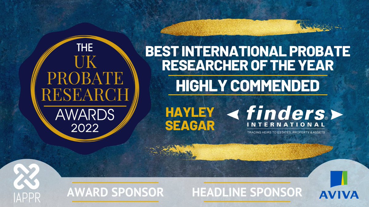 AwardsProbate's tweet photo. Congratulations to our highly commended for Best International Probate Researcher of the Year, Hayley Seagar from Finders Ireland๐ #PRA2022 #TheProbies https://t.co/AJh5rS34UT