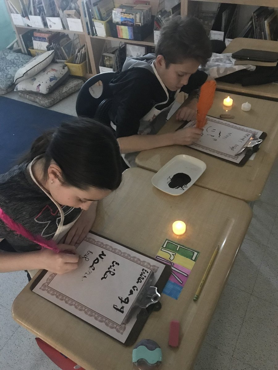 BancroftAPS's tweet photo. Writing with quill pens by “candlelight.” #socialstudiesfun #loveschool @AndoverPS https://t.co/pzInGdGvKt