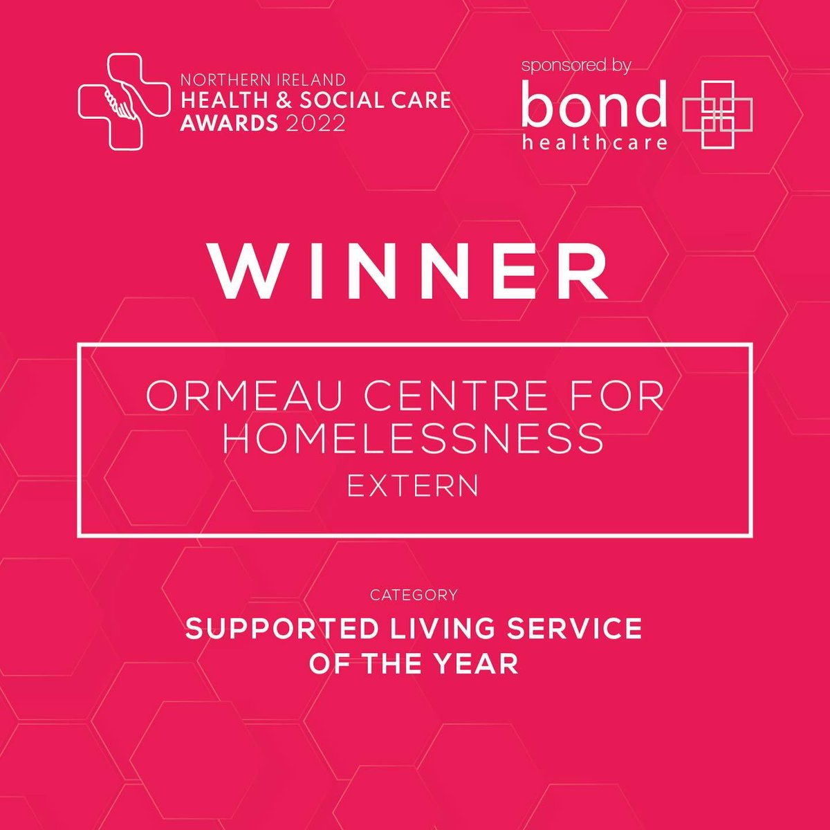 NIHSCAwards's tweet photo. Congratulations to the Winner of the Supported Living Service Of The Year Award - Ormeau Centre For Homelessness, Extern and Highly Commended Cityside Supported Living Derry, Western Trust https://t.co/c5YPd48tUS