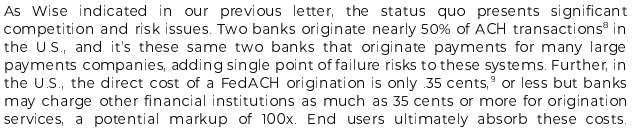 CaitlinLong_'s tweet photo. WOW--NO WONDER why big banks fight us so hard. Excerpt from comment letter to the Fed by Wise: 
* Wells Fargo &amp; JPM are the 2 banks that originate ~50% of ACH payment volume. 
* Banks charge a markup of up to 100x. 

SO ripe for disintermediation by #Bitcoin  #LightningNetwork⚡️ https://t.co/gqLeY4KMYE