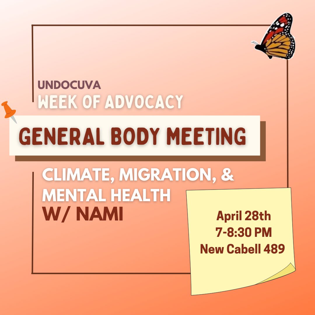For our final event, we will be having a general body meeting with NAMI to discuss the intersections of climate, migration, and mental health! Happening in about ONE HOUR!! 🦋🦋