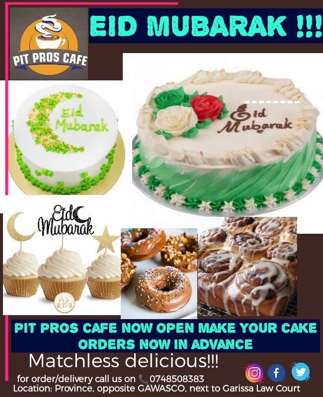 Pit pros cafe now open after the holy month of Ramadan break .Order your Eid cake And you will keep craving for it ..Make your Eid celebration sweet with lots of memories#0748508383 ...#cupcakes #Doughnuts
instagram.com/p/Cc6QYOoDCcF/…