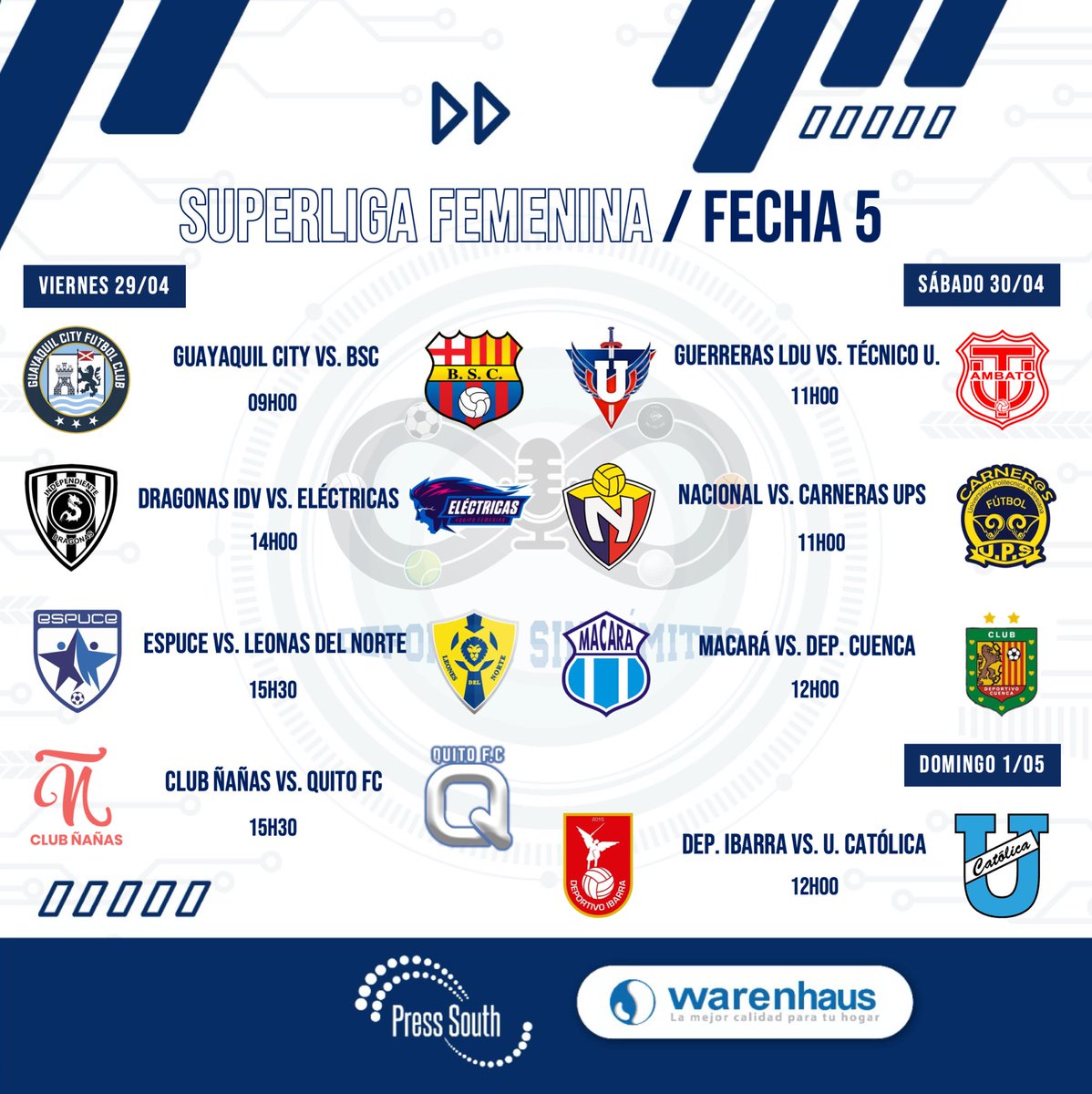#SuperLigaFemenina 🇪🇨 | Este viernes arranca la Fecha 5 y aquí te dejamos la agenda 🗓 completa.

➔ Déjanos el pronóstico de tu equipo favorito en los comentarios

¡Somos #DSL! 🎙⚽️
