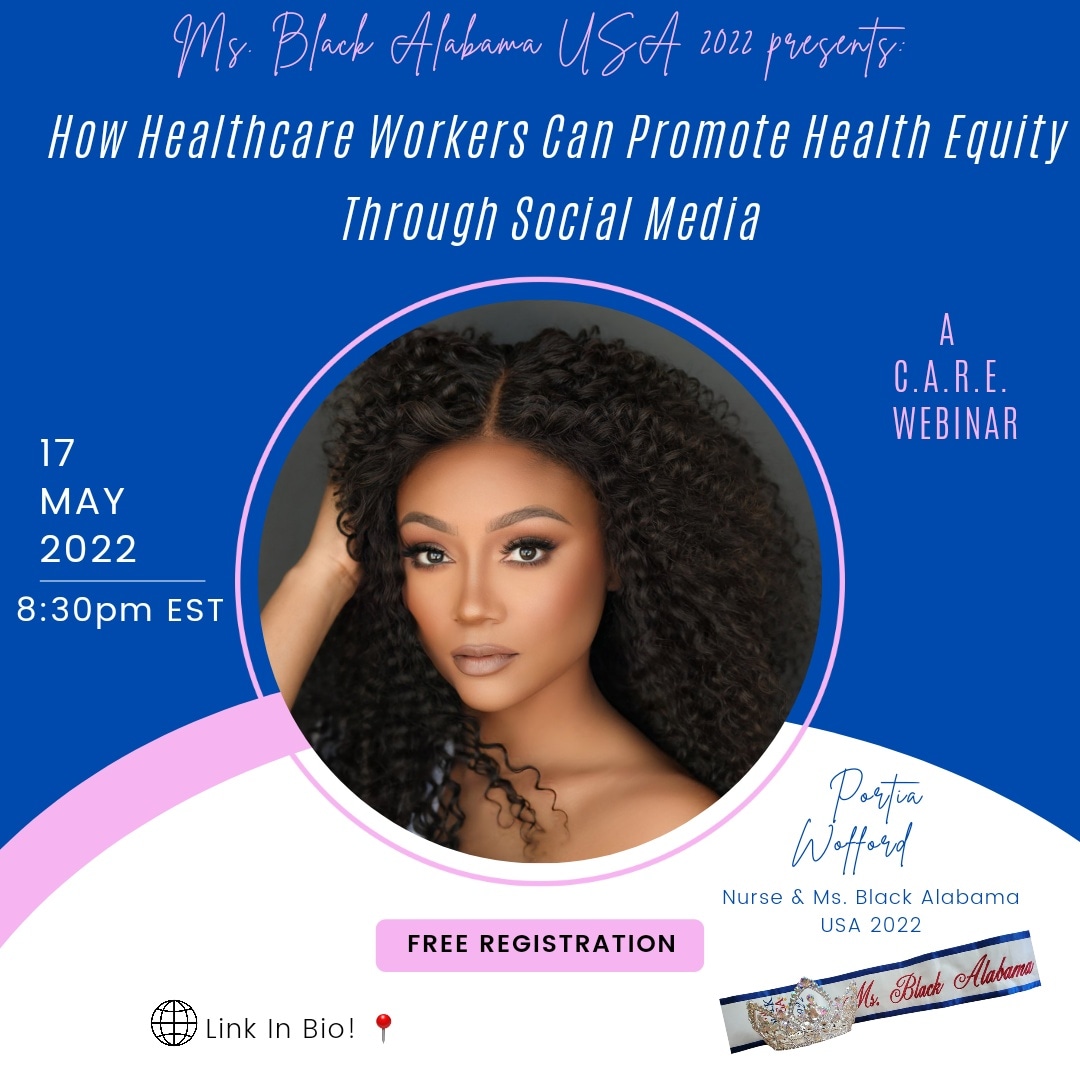 During this FREE webinar we take a look at the opportunities and challenges that social media presents for health promotion.

Healthcare workers will learn how to create a 4-step Plan of CARE for their social platforms.

- Ms. Black Alabama USA 2022

msha.ke/thewritenurse/…