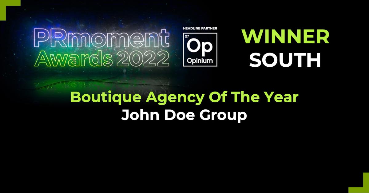 The Gold Award for Boutique Agency Of The Year is awarded to ….. <a href="/whatjohndoesays/">John Doe</a> Congratulations! #PRmomentawards