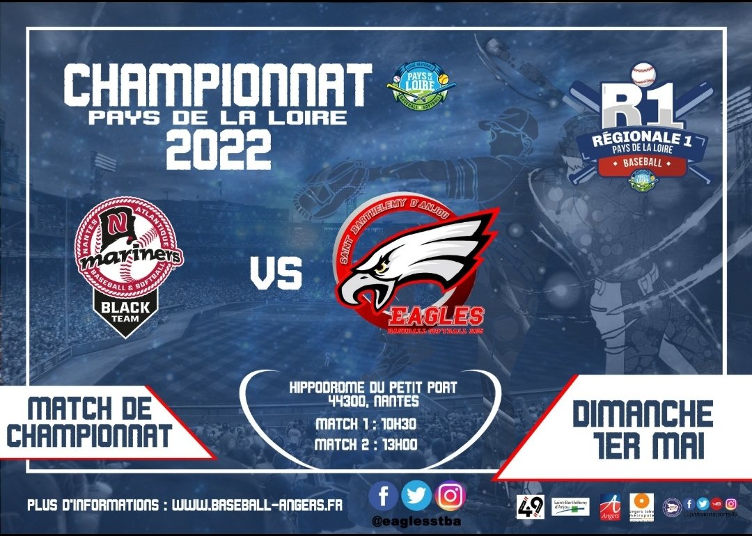 Ce dimanche 1et mai, Rdv à  Nantes avec l'équipe séniors baseball pour affronter les Mariners team black....
#eagles #baseball  #baseballangers  #gemmetrie #eaglespark #stba #angers #saintbarthelemydanjou #sportangers #passionsports49 #FFBS #CD49 #R1 #paysdelaloire