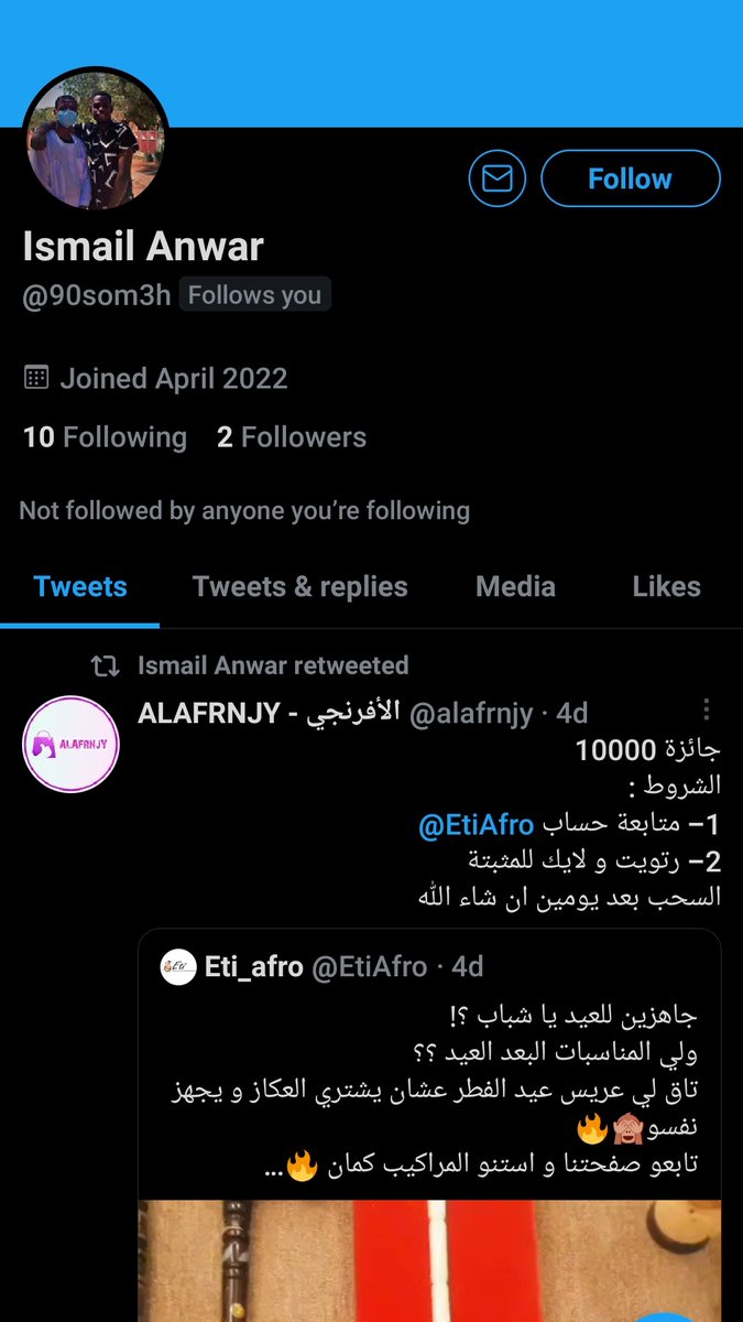 EtiAfro's tweet photo. @alafrnjy الفائز بمسابقتنا الاخيرة مبروك @90som3h 
اتواصل معانا خاص 

لايك لو دايرين هدية العيد 
20 لايك و نسوي مسابقة تانية https://t.co/R3rDleEzC4