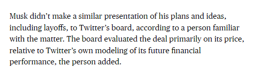 sarahfrier's tweet photo. Twitter's board didn't get a presentation on Musk's plans, source tells us. The board evaluated the deal based on its financial terms. https://t.co/2rG82ZO0T4
