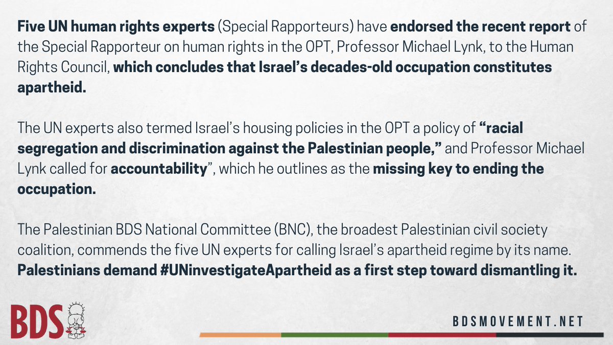 We commend the <a href="/UN/">United Nations</a> experts who endorsed a report confirming Israel's crime of apartheid. These 5 voices reaffirm the global consensus.

The #BDS movement reiterates our call for #UNinvestigateApartheid as a first step to #DismantleApartheid.

bit.ly/3rZuTZb