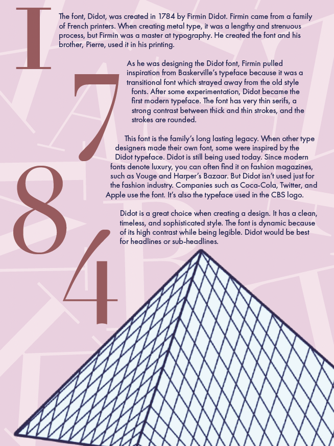 MGurleyGD's tweet photo. A while back, one of my projects was to design a magazine spread. The topic I chose was the history of the Didot typeface. #grd141 https://t.co/6khA6tgbtH