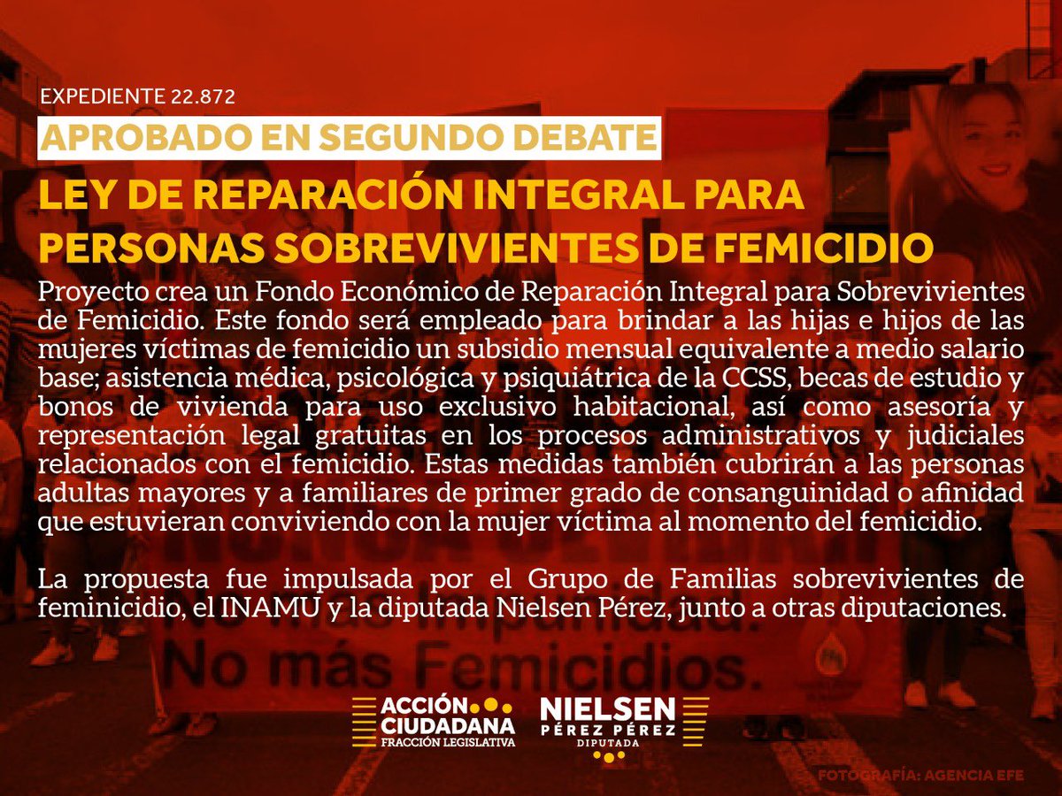 ¡Inmensamente satisfecha por la aprobación en 2 debate de este proyecto del que soy co-proponente, impulsado por las familias sobrevivientes de femicidio y el INAMU para crear un régimen de reparación integral para las personas sobrevivientes se femicidio como los define la ley!