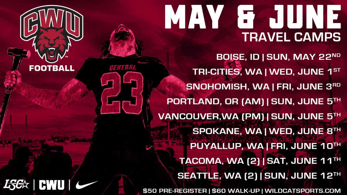 CWUFB's tweet photo. 🚨Announcing CWU Football Travel Camps🚨 

CWU Football is hitting the road and bringing prospect camps to your neighborhood! We are opening registration for our Boise camp, open to grades 9-12 with more locations to follow in the upcoming days. #GoCats

https://t.co/XEk0Nn0PJs https://t.co/HBNG6T6Dbh