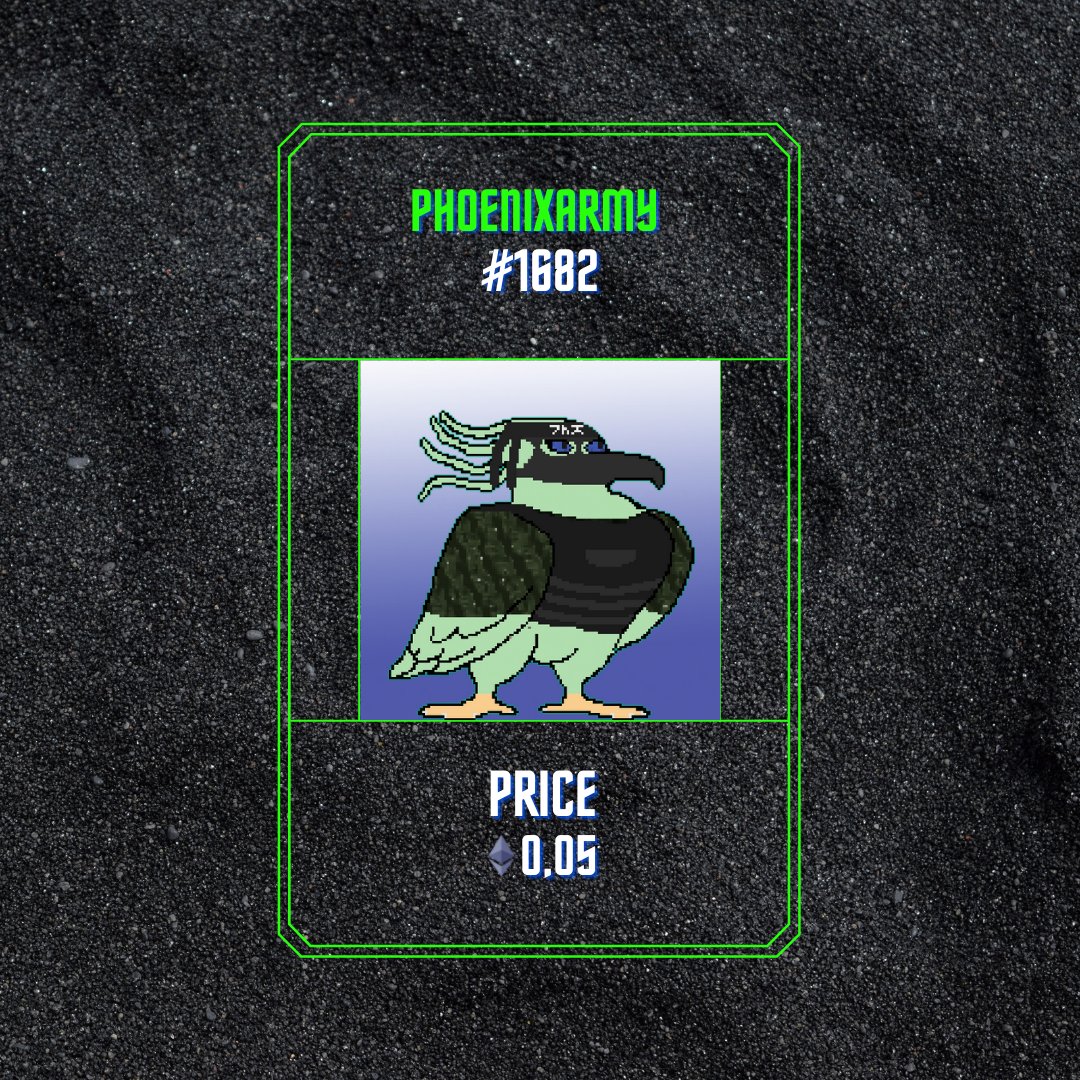PhoenixArmy #1682!!!
Available on Opensea Now!!!

Check link in bio!
linktr.ee/pheonixarmy

Search PhoenixArmy on Opensea to view collection and join the Army!