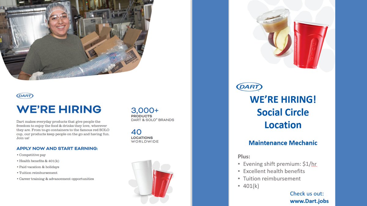 :: RARE OPENING at Dart Social Circle ::  
Maintenance Mechanic 
Social Circle facility operates Monday to Friday; position posted for 3:30pm to 12midnight. Pay is very competitive, with shift differential. Apply at ow.ly/gF7p50IUZJT
