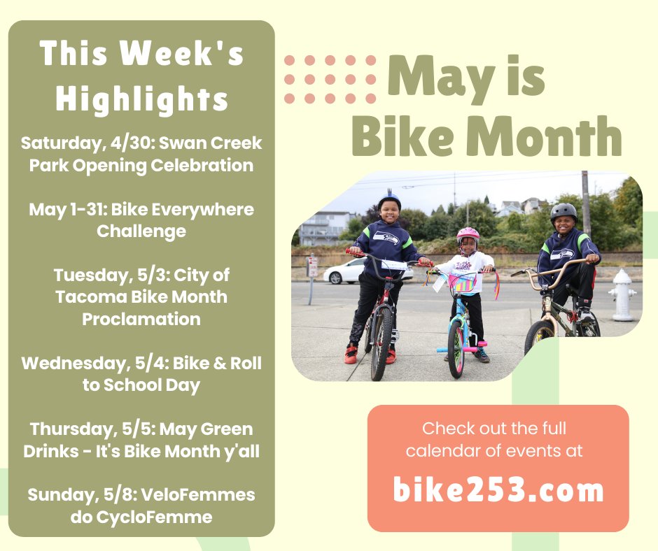 May is Bike Month! Join with partners across Tacoma &amp; <a href="/PierceCo/">Pierce County, Wash.</a> as we celebrate the benefits of bicycling all month long. Bike253.com has all the details on this week's events by <a href="/metparkstacoma/">Metro Parks Tacoma</a> @PierceTrips <a href="/CityofTacoma/">City of Tacoma</a> <a href="/DowntownOntheGo/">Downtown On the Go</a> <a href="/VF253/">VeloFemmes</a> &amp; Tacoma Green Drinks!
