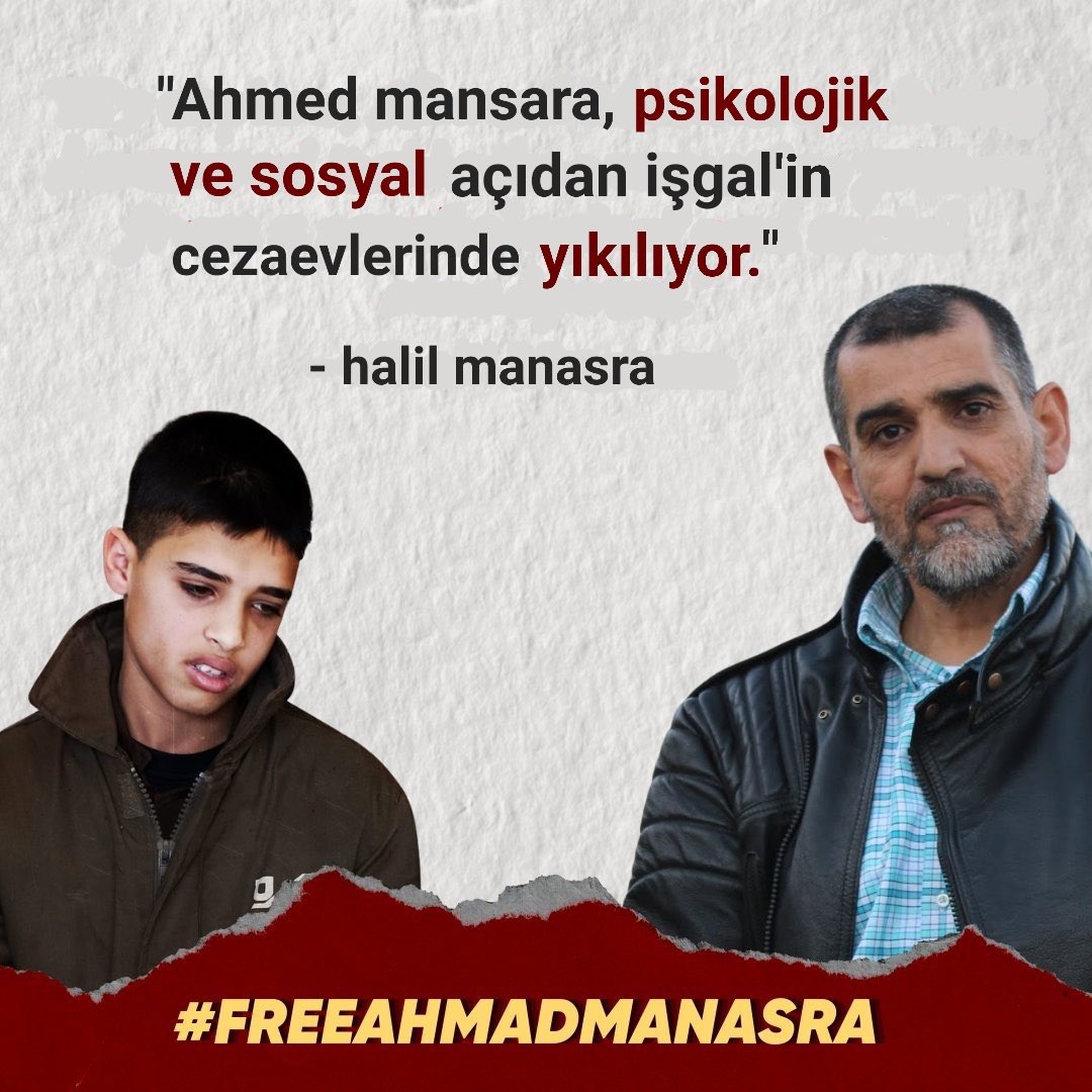 yahyazned's tweet photo. Tutuklu Ahmed Manasra'nın amcası Halil Manasra'dan alıntı; 

"Ahmad Manasra, psikolojik ve sosyal açıdan işgal'in cezaevlerinde yıkılıyor." 

Ahmad Manasra'yı destekleyin,
Sesini yükseltin ve özgür olmasını talep edin.

#FreeAhmadManasra 
#الحرية_لأحمد_مناصرة https://t.co/BSarmX2ulm
