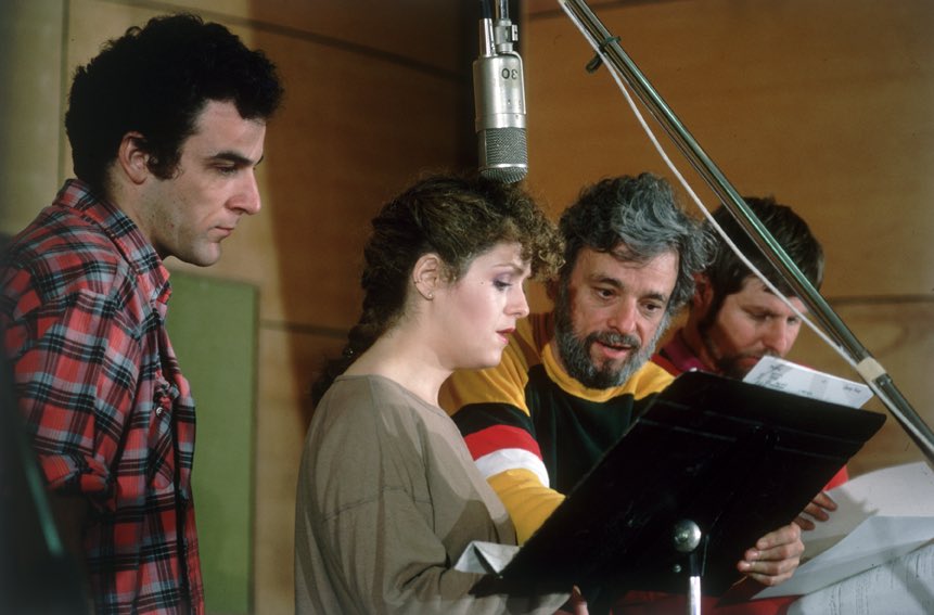 Stephen Sondheim, Mandy Patinkin, Bernadette Peters and James Lapine recording the Original Broadway Cast recording for “Sunday in the Park with George” (c. 1984) #RetroView #SundayInTheParkWithGeorge #StephenSondheim #BernadettePeters #JamesLapine #MandyPatinkin #Broadway