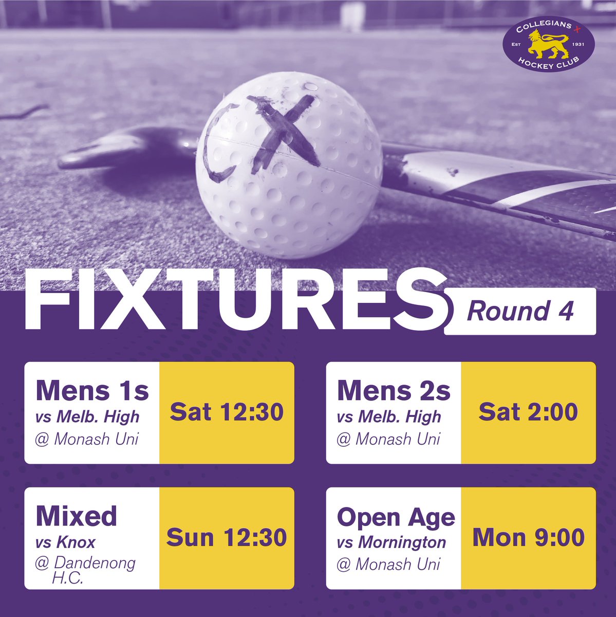UPDATE! small typo with Mens 2s
Lots happening at home with the Mens 1s, 2s and Open age teams battling it out. Only traveller's being the Mixed team at Dandenong Hockey Centre. Let's go Lions 💪🦁🏑
#fieldhockey #monash #monashuniversity #melbournesport #wesleycollegemelbourne