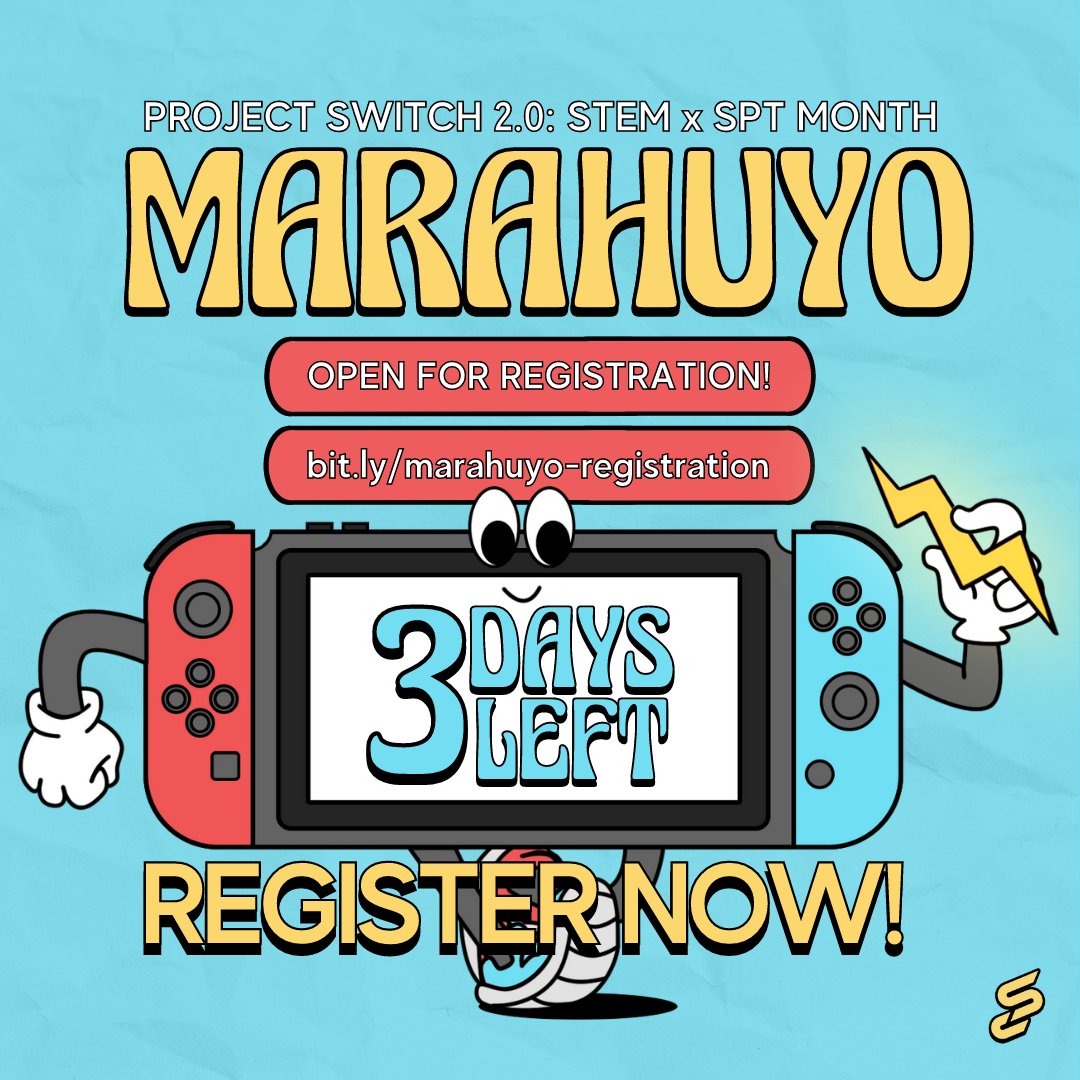dlsushssc's tweet photo. Lasallians, keep your eyes on the clock! Only 3 days left for 𝐌𝐚𝐫𝐚𝐡𝐮𝐲𝐨 registrations. 🌟
Come⚡Switch⚡ it up with us in a fun-filled night with your fellow STEM and SPT students!

Register now!
Link: https://t.co/JvswV83sqQ

#IGNITE 
#STEMxSPTMonth2022
#ProjectSwitch2022 https://t.co/GRHOm42mMf