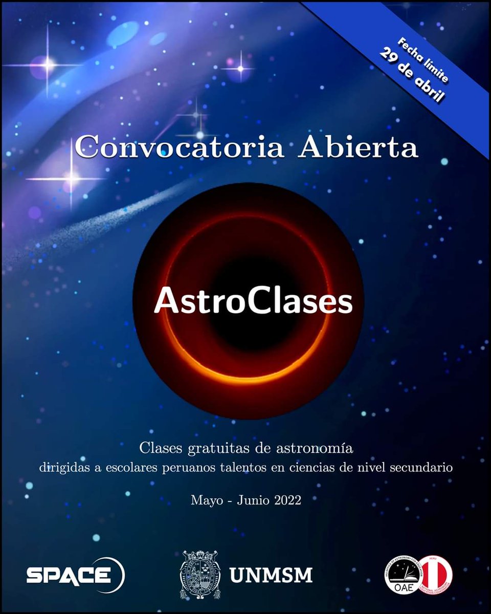 astro_vvera's tweet photo. Viernes 29 de abril. Culmina el envío de solicitudes para #AstroClases 2022 e inician los #ViernesAstronómicos 2022. @spaceUNMSM @UNMSM_
Más información: https://t.co/8Epfo2lCHw https://t.co/kF4uYrrYrq