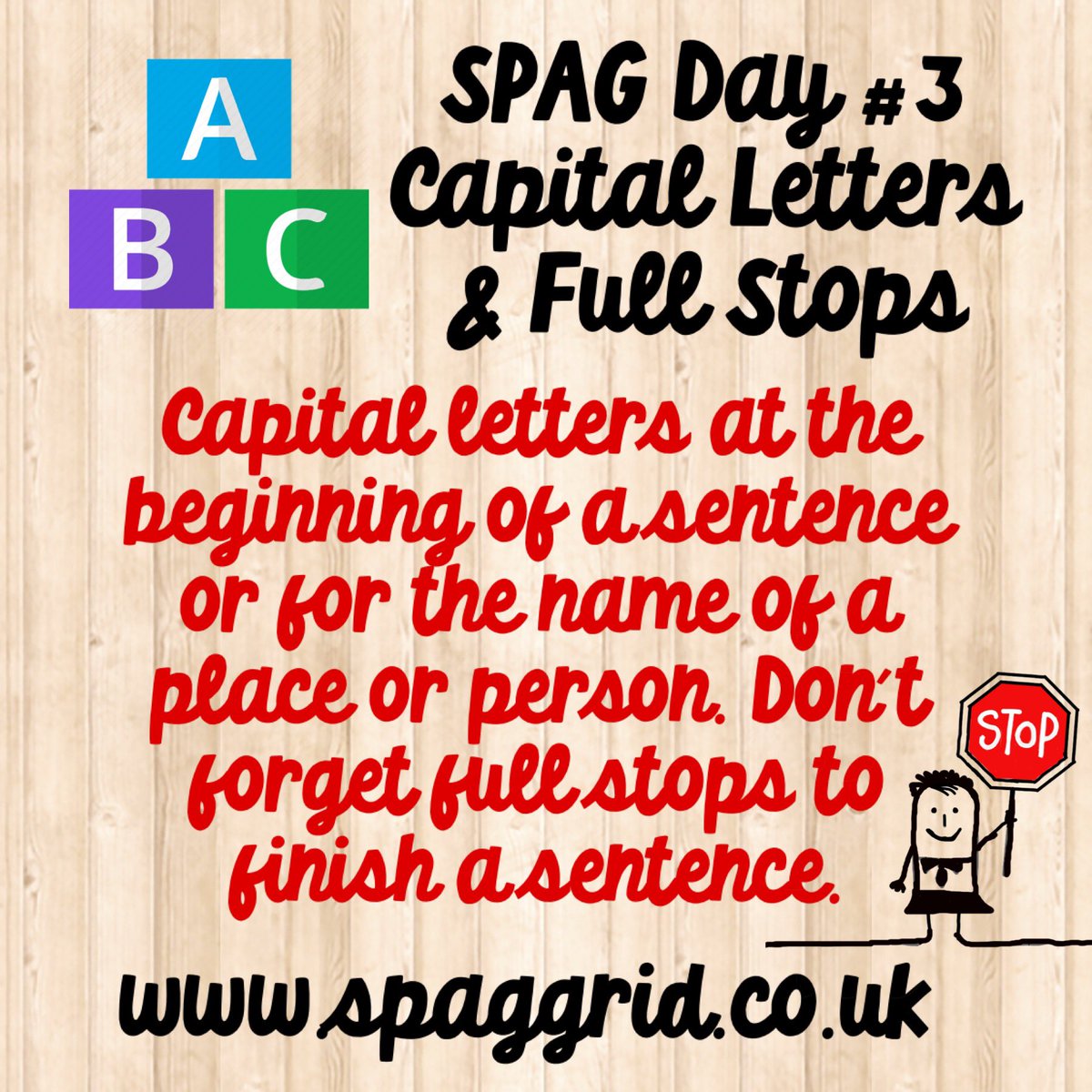 ks2literacy's tweet photo. SPAG Day #3: Capital Letters and Full Stops - each day we are posting bitesize chunks of #spag to celebrate the re-release of our updated resource. The https://t.co/tEgCmLSaA7 will be celebrating its 5th Anniversary in style! #spelling #punctuation #grammar https://t.co/nz1JyQGiMp