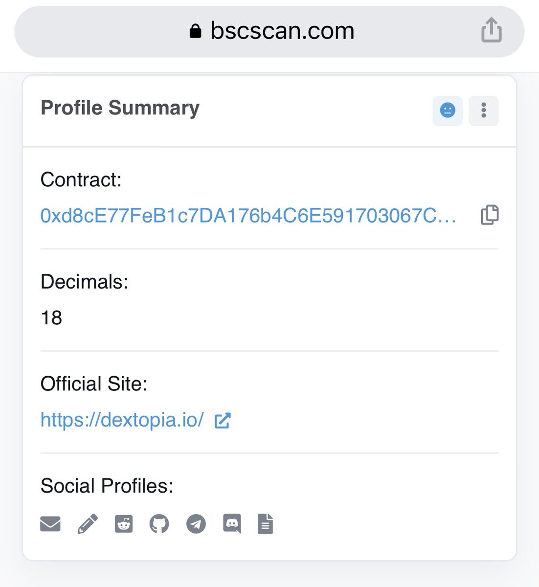 Good news🔥🔥, you guys now can see the Dextopia logo and social media on: bscscan.com/token/0xd8cE77…

And don't forget to join the presale only 19Bnb and we will reach the soft cap 👊👊
👇👇
dx.app/app/v3/defipre…