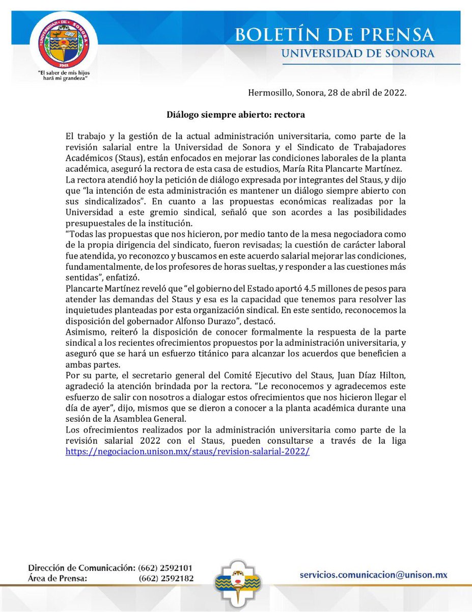 SoyUnison's tweet photo. La rectora de la Universidad de Sonora, María Rita Plancarte Martínez, atendió hoy la petición de diálogo expresada por integrantes del Staus, y dijo que “la intención de esta administración es mantener un diálogo siempre abierto con sus sindicalizados”. https://t.co/y8F8ifWutC