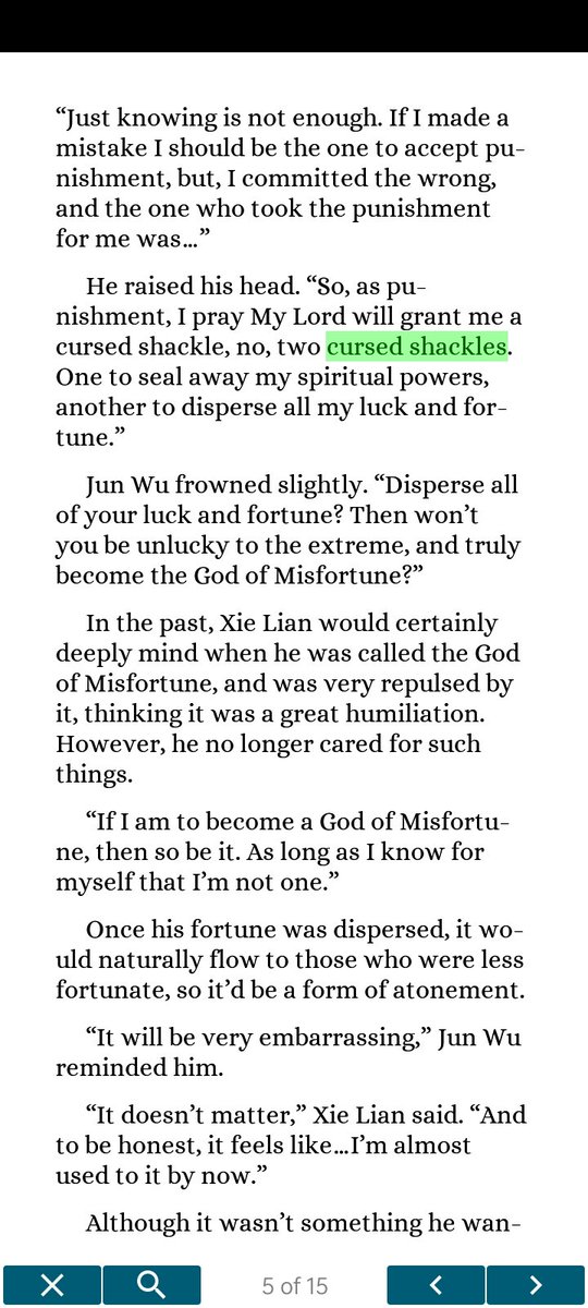 @xienoo I think that's the reason of one of his cursed shackles? He gave away his luck after he ascended for the 2nd time, but not really to Hua Cheng. He asked for them to be dispersed to the less fortunate, more specifically to the people of Yong An
This is Book 4, Chapter 198