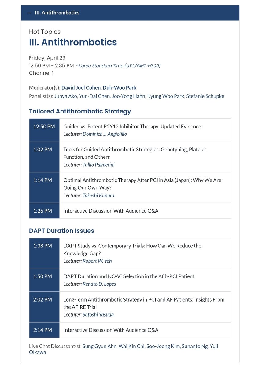 AmitSinghMD's tweet photo. 🔥 #TCTAP2022
🚨STARTING IN 10 MINUTES....
➡️#Hot_Topics
❤️ 3. Antithrombotics
🗓 12:50 PM - 2:35 PM *KST (UTC/GMT +9:00)
🎥Channel 1
#TCTAP2022
@KardiologieHH @reemhas88138365
@aayshacader @MilevaNiya @ChunYuanChu @yongcheolkim2 @Hragy @tonyhvo @summitmd_cvrf https://t.co/dC914lj8WK
