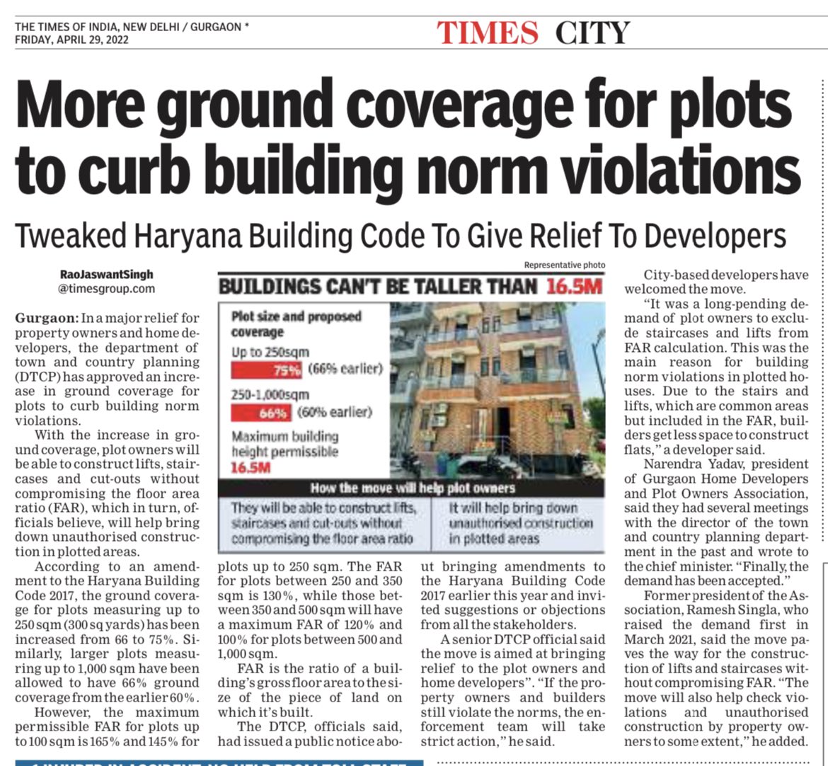 RaoJSinghTOI's tweet image. In a major relief for property owners and home #developers, @dtcphry has approved an increase in #groundcoverage for plots to curb building norm violations. This will allow #construction of lifts, staircases and cut-outs without compromising #FAR. @kMakrandIAS