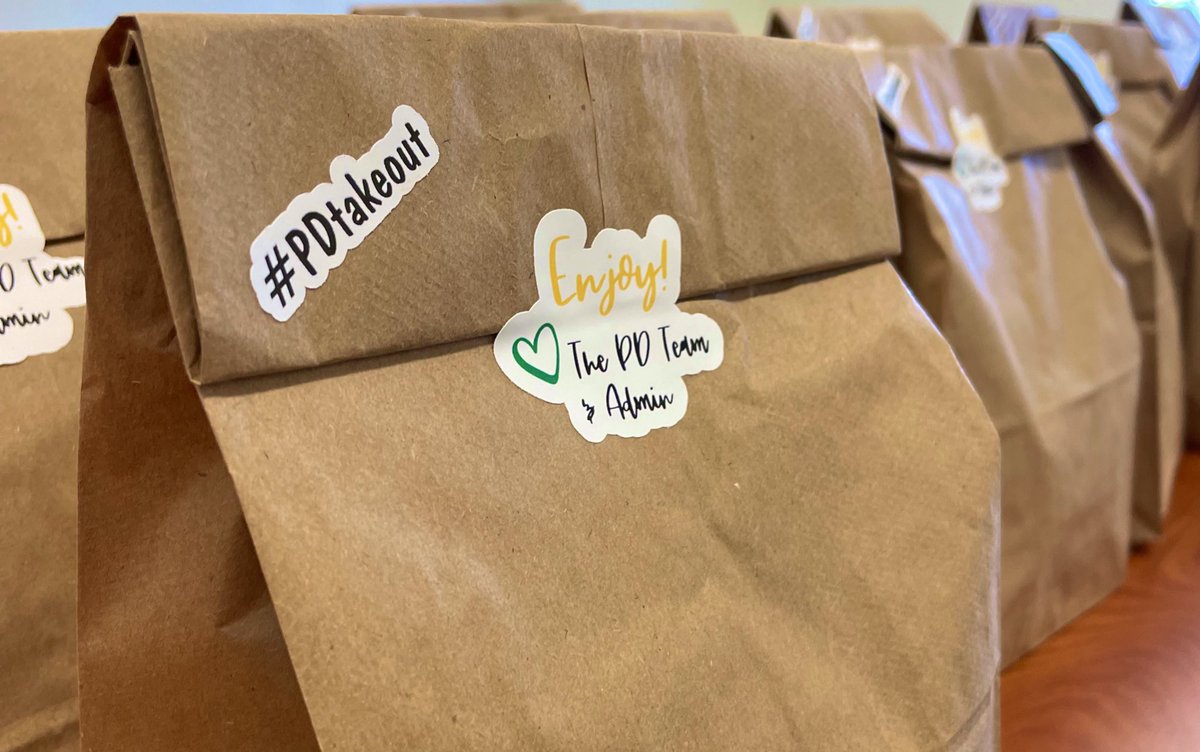 Inspired to provide some #pdtakeout by @cowan_em, today 70 teachers at my HS got a bunch of snacks and stickers in their mailbox and an emailed menu with resources in lieu of our staff meeting. It was appreciated and so fun to put together with stickers I made on my Cricut! 💚👌🏼