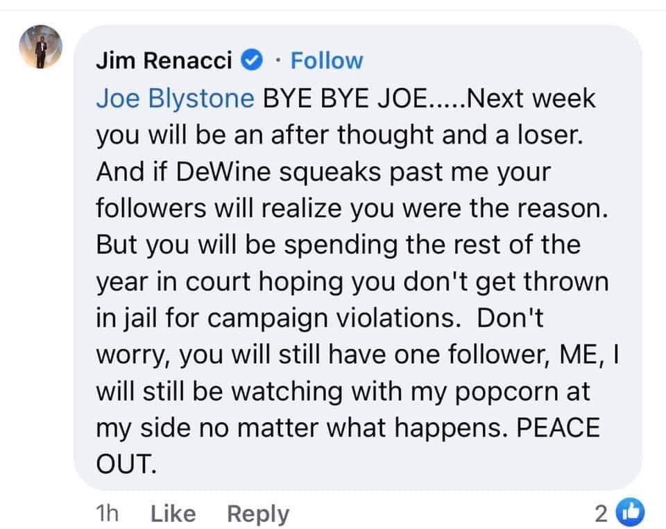 PatriotHiker's tweet image. Here’s the real @JimRenacci . Who speaks to people like this? P might as well keep the current narcissistic little troll, no need to replace him with a new one. #blystoneforgovernor #voteblystonemay3rd #ohiolibertyballot #FJR