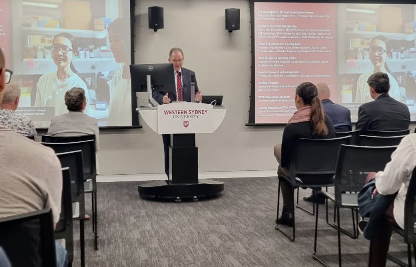 MARCSInstitute's tweet photo. Yesterday we hosted Ministers @AlisterHenskens and @GeoffLeeMP, @westernsydneyu VC Barney Glover & DVCR Deborah Sweeney, w/ colleagues across the #STEM cluster, to officially launch the WSU STEM Decadal Plan at #WIQ. We look forward to a future of research, education, & outreach! https://t.co/RoNwomsFO1