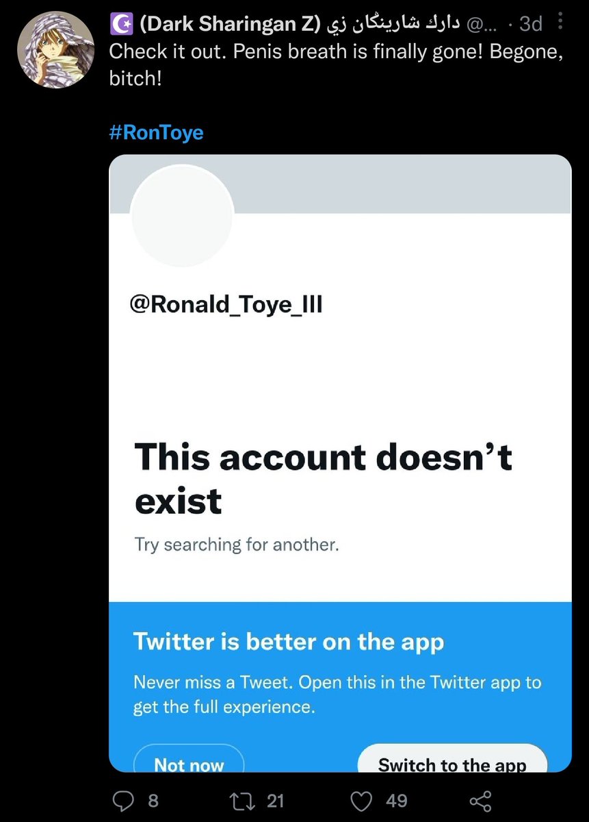E_Wonder85's tweet photo. @RekietaLaw Well, would you look at that.
#RonToye apparently nuked his Twitter account due to the #TwitterTakeover by @elonmusk.
Correct me if I'm wrong Nick: can this come back to bite Ron in the ass if appeals on the Vic case are approved?
#IStandWithVic https://t.co/y5EvDl8hJi